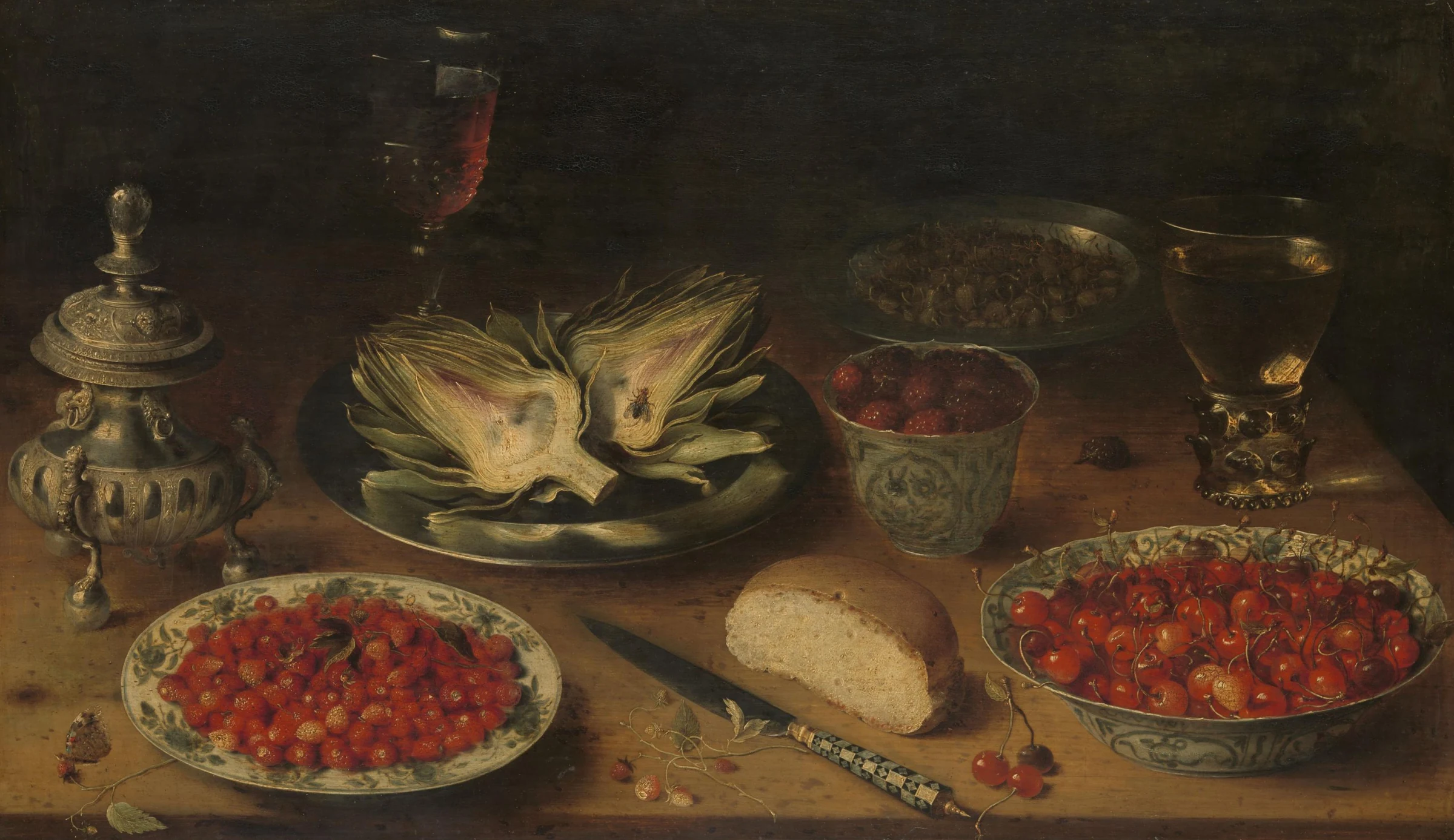 Still Life with Artichoke, Fruit in Kraak Porcelain Ware, a Salt Cellar/Pepper Castor