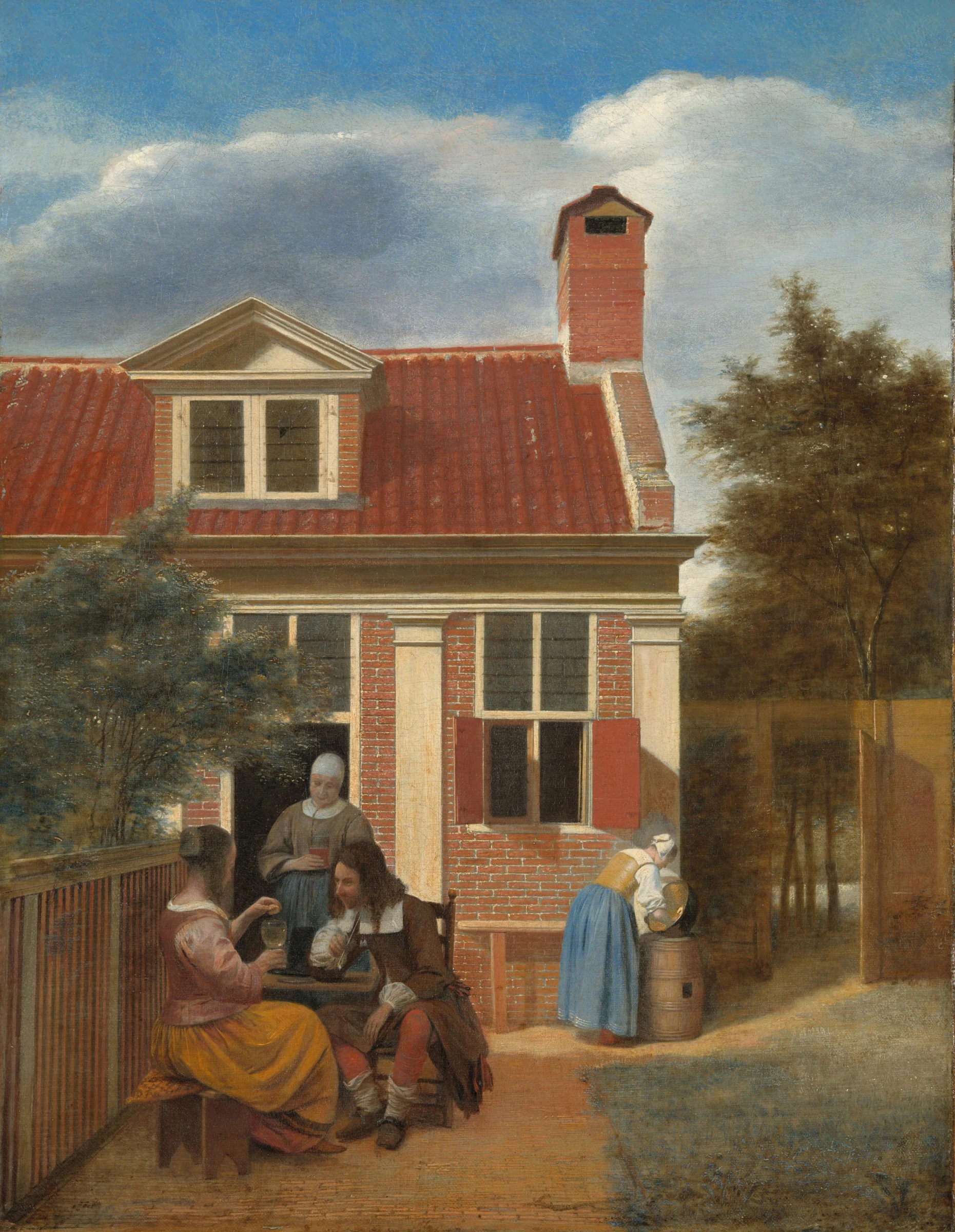 Three Women and a Man in the Courtyard behind a House