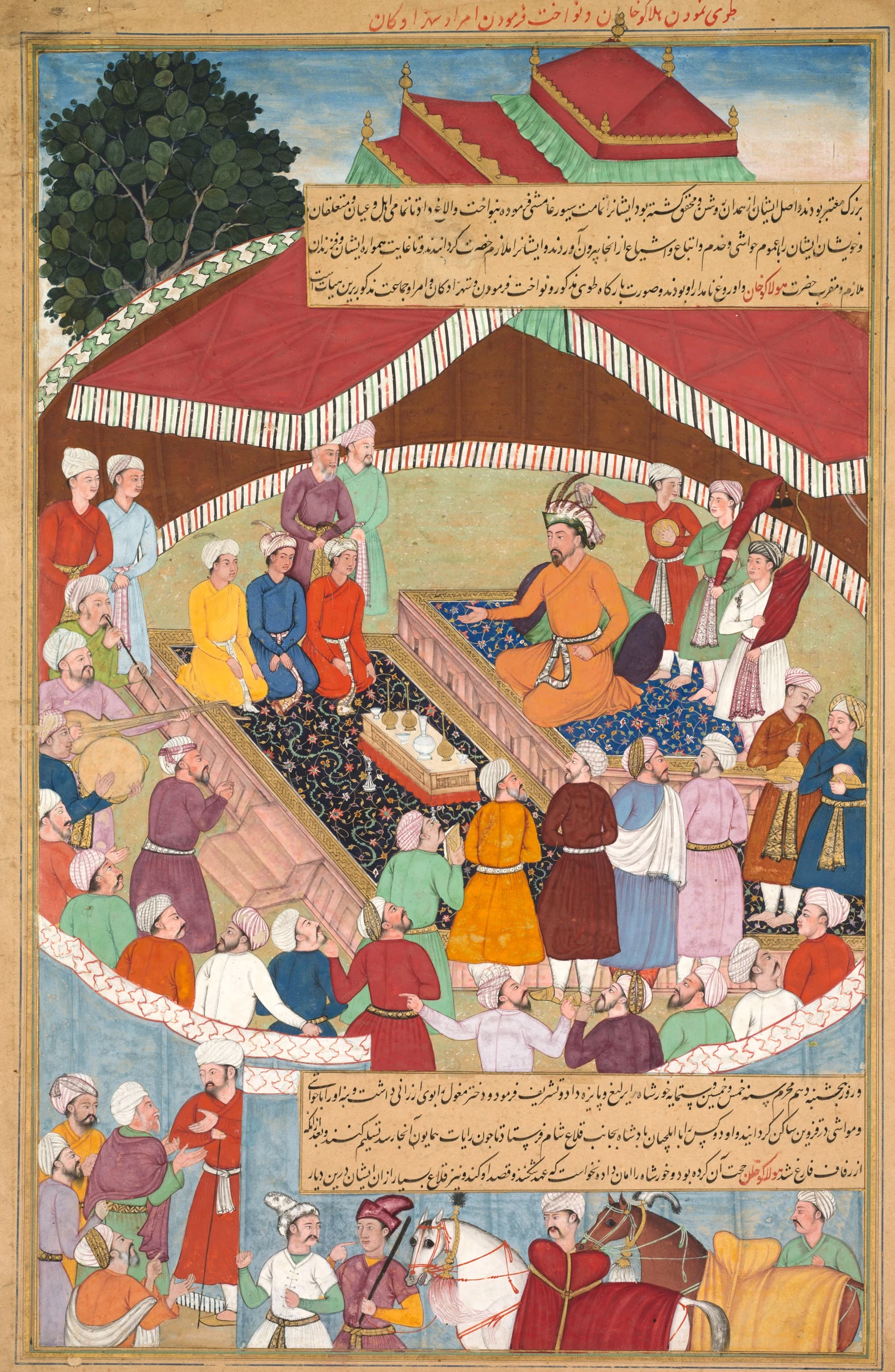 Hulagu Khan giving a feast and dispensing favor upon the amirs and princes, from a Chingiz-nama (Book of Chingiz Khan) of the Jami al-tavarikh (Compendium of Chronicles)