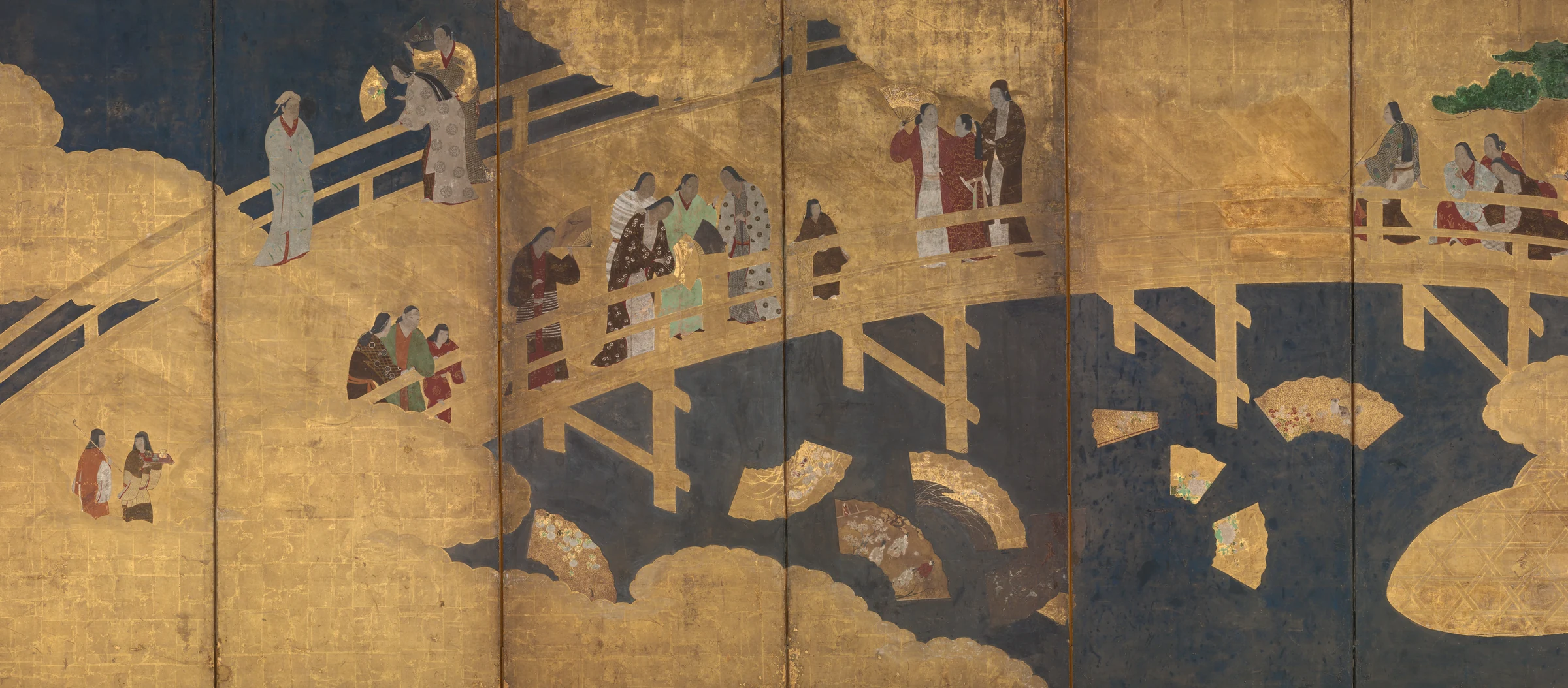 Women on a Bridge Tossing Fans into a River
